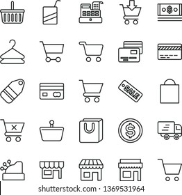 thin line vector icon set - paper bag vector, grocery basket, bank card, e, cart, put in, crossed, with handles, cards, kiosk, hanger, label, shopping, reverse side of a, dollar, cash, machine