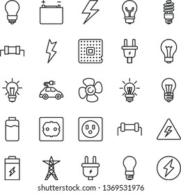thin line vector icon set - lightning vector, danger of electricity, matte light bulb, power socket type f, fan screw, charge level, charging battery, accumulator, line, plug, electric, car