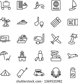 thin line vector icon set - passport vector, sand castle, plane, car baggage, camper, passenger, ticket, rolling case, hotel, tent, arnchair under umbrella, palm tree, hawaii wreath, aquapark, golf