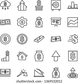 thin line vector icon set - upward direction vector, dollar, line chart, strongbox, recession, a crisis, financial item, money, dollars, cash, report, growth arrows, gold bar, rain, coin, mortgage