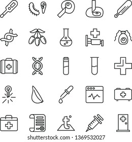 thin line vector icon set - first aid kit vector, plus, electronic thermometer e, mercury, bag of a paramedic, medical, temperature, cardiogram, garlic, goji berry, flask, research article, dna