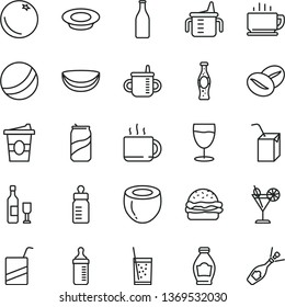 thin line vector icon set - mug for feeding vector, measuring cup, bottle, bath ball, e, packing of juice with a straw, coffee, burger, plate milk, beans, tea, coffe to go, glass soda, cocktail, can