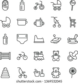 thin line vector icon set - baby cot vector, dummy, mug for feeding, bottle, measuring, diaper, stroller, carriage, summer, sitting, stacking rings, roly poly doll, toy sand set, children's potty