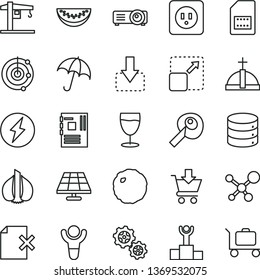 thin line vector icon set - crane vector, power socket type b, umbrella, big data, delete page, put in cart, expand picture, move down, cabbage, glass, water melon slice, garlic, solar panel, gears