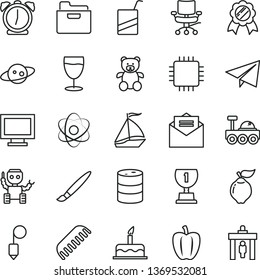 thin line vector icon set - tassel vector, monitor window, paper airplane, comb, e, teddy bear, cake, plummet, received letter, alarm clock, folder, glass, quince, Bell pepper, barrel, cpu, chair