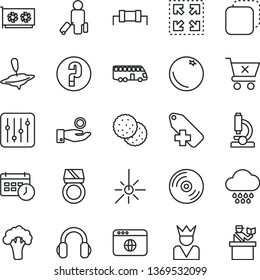 thin line vector icon set - add label vector, question, cloud, small yule, CD, regulator, crossed cart, copy, size, biscuit, orange, broccoli, outdoor thermometer, catch a coin, gpu card, headphones