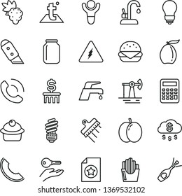 thin line vector icon set - saving light bulb vector, spatula, knife, temperature, faucet mixer, kitchen, phone call, big burger, muffin, fried potato slices, apple, grape, slice of melon, loquat