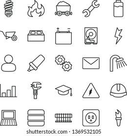 thin line vector icon set - building trolley vector, shower, saving light bulb, power socket type b, construction helmet, block, lightning, envelope, square academic hat, charge level, accumulator
