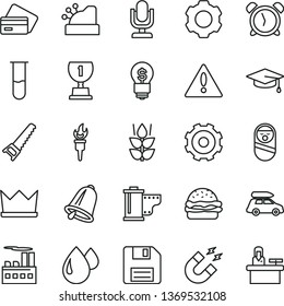 thin line vector icon set - truck lorry vector, warning, desktop microphone, floppy disk, alarm clock, camera roll, roly poly doll, hand saw, bell, burger, mint, industrial building, drop, cashbox