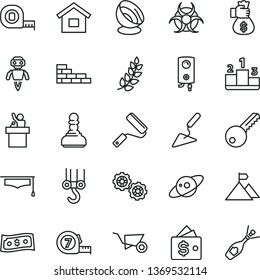 thin line vector icon set - dwelling vector, brick wall, winch hook, gears, building trolley, trowel, measuring tape, long meashuring, new roller, key, boiler, pedestal, biohazard, graduate hat