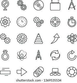 thin line vector icon set - prohibition vector, right direction, renewal, minus, clockwise, stacking toy, tumbler, gear, timer, CD, accumulator, scribed compasses, Measuring, gears, scheme, atom