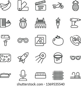 thin line vector icon set - paint roller vector, movie cracker, drill, bucket, color samples, brick, picture, 24, piece of cheese, cake slice, tomato, bananas, ripe pineapple, industrial factory