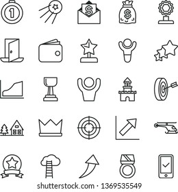 thin line vector icon set - growth chart vector, wallet, dollars, graph, winner, cup, gold, star reward, purpose, first place medal, ribbon, ring, aim, arrow up, exit door, hands man, satellite