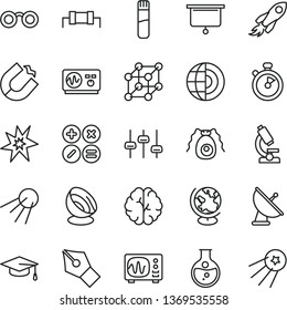 thin line vector icon set - math actions vector, artificial satellite, round flask, horseshoe magnet, space rocket, test tube, microscope, glasses, brain, settings, bactery, globe, oscilloscope