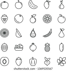 thin line vector icon set - lettuce in a plate vector, garlic, strawberry, pear, orange, plum, raspberry, medlar, blueberry, melon, mango, date fruit, slice of tangerine, tasty, juicy lemon, half