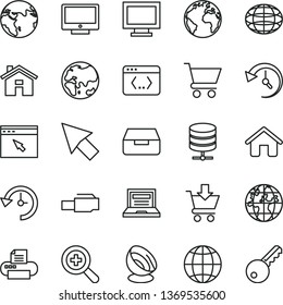 thin line vector icon set - house vector, sign of the planet, laptop, monitor window, zoom, earth, screen, big data server, drawer, cart, put in, globe, printer, browser, coding, lan connector, key