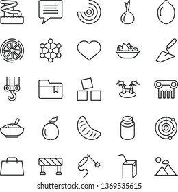 thin line vector icon set - heart symbol vector, image of thought, folder bookmark, powder, packing juice with a straw, cubes for children, winch hook, trowel, traffic signal, bowl rice porridge