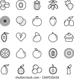 thin line vector icon set - broken heart vector, muffin, biscuit, honeycombs, half apricot, pomegranate, grape, raspberry, fig, blueberries, tasty cornels, of mango, loquat, goji berry, melon, kiwi