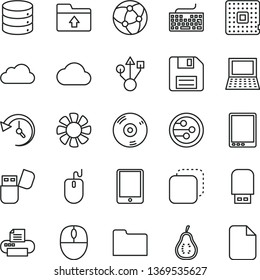 thin line vector icon set - floppy disk vector, keyboard, upload folder, big data, copy, part of guava, processor, tablet pc, notebook, fan, mouse, usb, cd, printer, flash, network, history, cloud