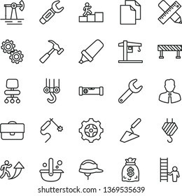 thin line vector icon set - clean paper vector, crane, hook, winch, trowel, construction level, writing accessories, helmet, road fence, hammer with claw, employee, working oil derrick, gear, steel