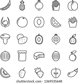 thin line vector icon set - cheese vector, mushroom, French fries, fried potato slices, jam, a pineapple, orange slice, apple, grape, tasty, medlar, half of, blueberry, mulberry, melon, water, peach