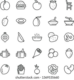 thin line vector icon set - mug for feeding vector, measuring cup, deep plate with a spoon, chair child, burger, bowl of buckwheat porridge, hot, milk, grill chicken leg, beet, garlic, omelette