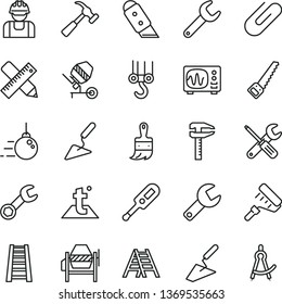 thin line vector icon set - repair key vector, electronic thermometer e, winch hook, big core, trowel, building, concrete mixer, small tools, arm saw, paint roller, wooden brush, stepladder, ladder