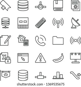 thin line vector icon set - warning vector, add bookmark, e, estimate, big data, server, notes, phone call, banana, vintage sign, billboard with illumination, chart, scientific publication, memory