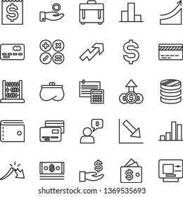 thin line vector icon set - bank card vector, purse, growth up, bar chart, negative, abacus, calculation, case, cards, math actions, front of the, column coins, a crisis, denomination dollar, cash