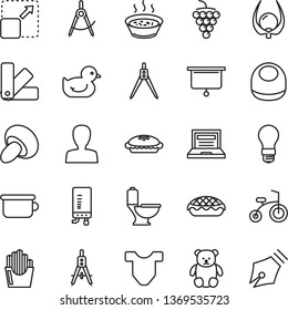 thin line vector icon set - laptop vector, woman, baby bib, Child T shirt, duckling, children's potty, small teddy bear, bicycle, color samples, toilet, electronic boiler, expand picture, porcini
