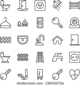 thin line vector icon set - baby cot vector, house, brickwork, stepladder, sink, toilet, comfortable, siphon, power socket type b, f, key, ntrance door, interroom, spatula, new radiator, kitchen