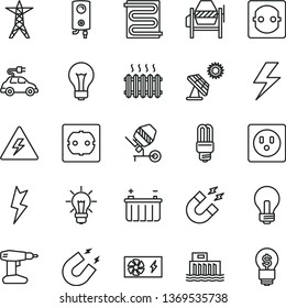 thin line vector icon set - lightning vector, danger of electricity, matte light bulb, incandescent lamp, concrete mixer, drill, power socket type f, heating coil, boiler, big solar panel, battery