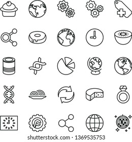 thin line vector icon set - sign of the planet vector, renewal, add label, star gear, wall clock, earth, cheese, tin, onion, muffin, cake with a hole, kiwi, gears, connection, connections, black
