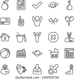 thin line vector icon set - mark of injury vector, check, dummy, baby carriage, bath ball, toy mobile phone, children's sand set, colored air balloons, put in a box, planet, branch grape, blueberry