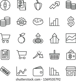 thin line vector icon set - grocery basket vector, growth up, line chart, graph, negative histogram, positive, cart, coins, piece of meat, blueberry, ripe pepper, goal woman, a crisis, wallet, store