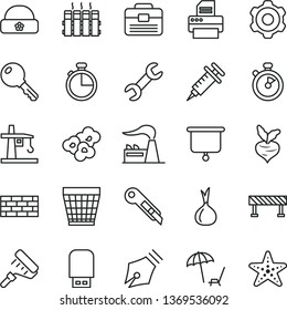 thin line vector icon set - wicker pot vector, warm hat, brickwork, cogwheel, paint roller, portfolio, stationery knife, radiator, road fence, key, timer, popcorn, onion, beet, factory, tower crane