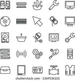 thin line vector icon set - monitor vector, concrete mixer, hawser, heating coil, screen, drawer, valve, repair key, metallurgy, pan, gears, tablet pc, radiator fan, keyboard, tower, hdd, cd, coding
