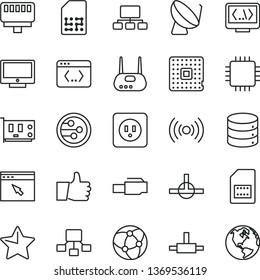 thin line vector icon set - power socket type b vector, star, thumb up, screen, big data, processor, satellite dish, SIM card, scheme, hierarchical, cpu, pc, router, network, browser, connect, earth