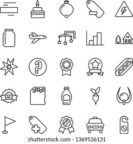 thin line vector icon set - danger of electricity vector, minus, add label, remove, pennant, negative histogram, question, toys over the cot, car, Hot Dog, birthday cake, bottle, medlar, physalis