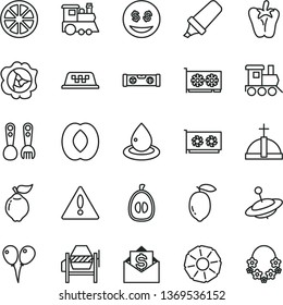 thin line vector icon set - warning vector, plastic fork spoons, baby toy train, children's, yule, colored air balloons, concrete mixer, building level, peper, squash, quince, half peach, loquat