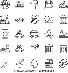 thin line vector icon set - bin vector, dust, drop, working oil derrick, leaves, gas station, wind energy, manufacture, factory, hydroelectric, trees, forest, industrial building, eco car, electric