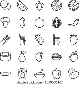 thin line vector icon set - a chair for feeding vector, child, canned goods, mini hot dog, mushroom, bowl of buckwheat porridge, plate fruit, barbecue, orange slice, biscuit, sandwich, grape, mango