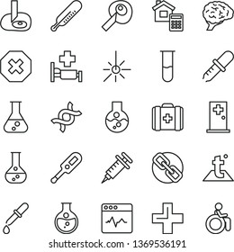 thin line vector icon set - mark of injury vector, spectacles, plus, electronic thermometer e, mercury, medical bag, estimate, temperature, cardiogram, round flask, outdoor, test tube, dna, brain