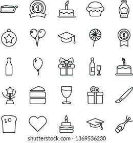 thin line vector icon set - tassel vector, colored air balloons, balloon, cake, heart, gift, square academic hat, Easter, piece of, slice, birthday, lollipop, glass, bottle, star cup, graduate, wine