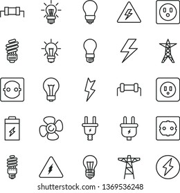 thin line vector icon set - lightning vector, danger of electricity, matte light bulb, saving, power socket type b, f, fan screw, charging battery, line, pole, plug, electric, energy, resistor