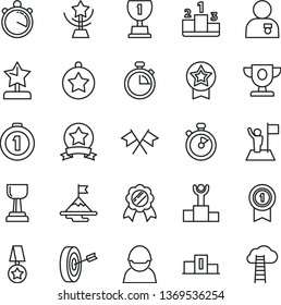 thin line vector icon set - stopwatch vector, pedestal, racer, winner podium, prize, award, gold cup, star, reward, man with medal, flag, motivation, purpose, first place, pennant, ribbon