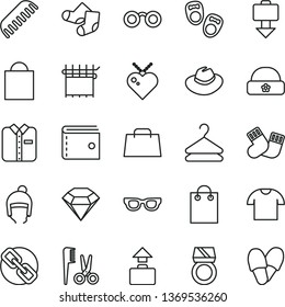 thin line vector icon set - paper bag vector, purse, spectacles, hat, accessories for a hairstyle, comb, warm socks, Knitted, shoes little children, winter, T shirt, folded, hanger, cloth industry