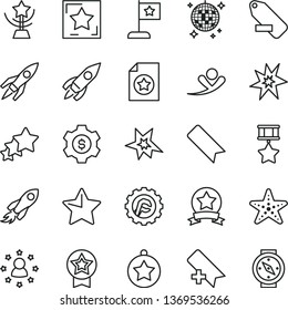 thin line vector icon set - add bookmark vector, remove label, star gear, rocket, space, bang, cup, medal, flag, hero, ribbon, certificate, dollar, stars around man, three, flying, disco ball