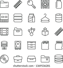 thin line vector icon set - folder vector, bookmark, storage unit, chest of drawers, key, CD, big data server, suitcase, drawer, package, hanger, unpacking, barrel, jar, radiator fan, memory, hdd