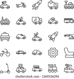 thin line vector icon set - truck lorry vector, Baby chair, motor vehicle present, toy train, tricycle, child Kick scooter, car, delivery, eco, environmentally friendly transport, electric, retro